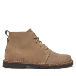 Botki Birkenstock. Brązowe botki Birkenstock, bez wzorów, bez obcasa, na płaskiej podeszwie, bez zapięcia. Za 619.99 zł.