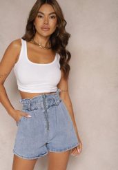 Niebieskie Szorty Jeansowe z Bawełny High Waist Wykończone Przeszyciami Merceria. Niebieskie szorty Renee, bez wzorów, z bawełny, casualowe. W wyprzedaży za 51.99 zł.