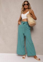 Miętowe Szerokie Spodnie z Materiałowym Paskiem w Typie Paper Bag Lasette. Zielone jeansy Renee, l, bez wzorów, z jeansu. W wyprzedaży za 47.99 zł.