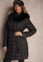 Czarna Kurtka Pikowana Wiązana w Talii z Futerkiem Odpinanym na Kapturze Firinka. Czarne kurtki Renee, l, bez wzorów, z jeansu, eleganckie, bez kaptura. W wyprzedaży za 160.99 zł.