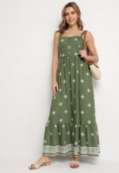 Zielona Rozkloszowana Sukienka na Ramiączkach z Wiskozą w Etniczny Wzór Lealena. Zielone sukienki Born2be, na co dzień, l, z aplikacjami, z wiskozy, eleganckie, bez kołnierzyka, bez ramiączek, midi, rozkloszowane. Za 129.99 zł.