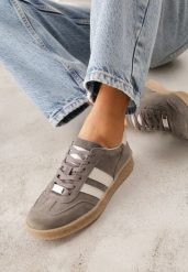 Ciemnobeżowe Skórzane Sneakersy Typu Tenisówki Ozdobione Paskami Brethanthei. Brązowe trampki sportowe Renee, bez wzorów, z dresówki, bez zapięcia, tenisowe. Za 179.99 zł.