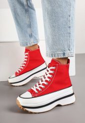 Czerwone Trampki za Kostkę na Grubej Podeszwie Danilira. Czerwone trampki Born2be, bez wzorów, z jeansu, eleganckie, za kostkę, bez zapięcia. W wyprzedaży za 63.74 zł.