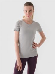 4F Koszulka do biegania regular damska - szara M/L. Szare t-shirty sportowe 4f, l, bez wzorów, z dzianiny, bez ramiączek, do biegania. W wyprzedaży za 49.99 zł.
