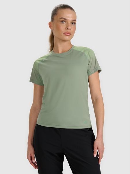 4F Koszulka do biegania w terenie szybkoschnąca damska - oliwkowa/khaki S. Brązowe t-shirty sportowe 4f, s, bez wzorów, z materiału, bez ramiączek, do biegania. W wyprzedaży za 99.99 zł.