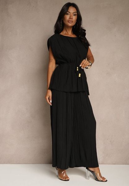 Czarny Komplet Zdobiony Plisami Bluzka z Wiązanym Paskiem i Szerokie Spodnie Gialle. Czarne bluzki Renee, z aplikacjami, eleganckie, bez kołnierzyka, bez ramiączek. Za 89.99 zł.