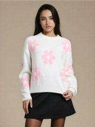 Sweter ze wzorem w kwiatki - kremowy. Białe swetry Sinsay, l, bez wzorów, bez ramiączek. Za 59.99 zł.