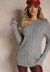 Ciemnoszary Sweter z Wiskozą Ozdobiony Tłoczeniem Savra. Szare swetry Renee, na zimę, bez wzorów, z wiskozy, casualowe, bez ramiączek. W wyprzedaży za 87.99 zł.
