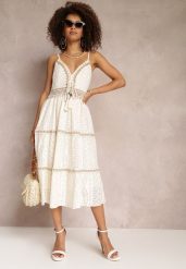 Beżowa Koronkowa Sukienka Midi na Ramiączkach z Falbankami Tajae. Brązowe sukienki Renee, m, w ażurowe wzory, z koronki, bez kołnierzyka, bez ramiączek, midi, rozkloszowane. Za 139.99 zł.