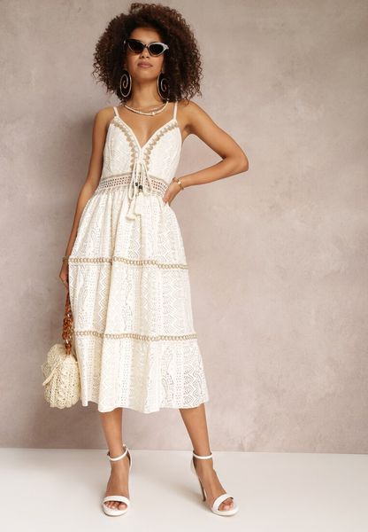 Beżowa Koronkowa Sukienka Midi na Ramiączkach z Falbankami Tajae. Brązowe sukienki Renee, m, w ażurowe wzory, z koronki, bez kołnierzyka, bez ramiączek, midi, rozkloszowane. Za 139.99 zł.