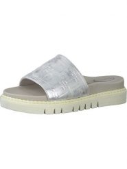 Tamaris Skórzane klapki w kolorze srebrnym rozmiar: 37. Szare klapki Tamaris, bez wzorów, klasyczne, z otwartym noskiem, bez obcasa, na platformie, bez zapięcia. Za 181.45 zł.