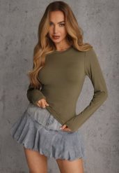 Ciemnozielona Dopasowana Bluzka Typu Longsleeve z Bawełną Moanti. Brązowe bluzki Renee, l, bez wzorów, z bawełny, wizytowe, bez kołnierzyka, bez ramiączek. Za 79.99 zł.