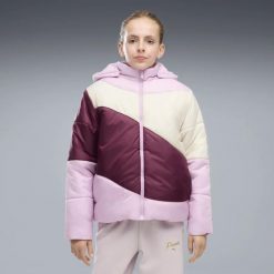 Młodzieżowa pikowana kurtka ocieplana o luźnym kroju PUMA. Fioletowa kurtki Puma, m, bez wzorów, z materiału, klasyczne, z kapturem. Za 349.00 zł.