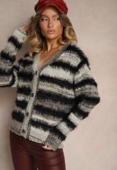 Czarno-Szary Rozpinany Kardigan z Wiskozą i Wełną w Paski Esamara. Czarne swetry Renee, bez wzorów, z jeansu, eleganckie, bez ramiączek. W wyprzedaży za 55.99 zł.