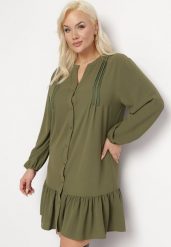 Jasnozielona Koszulowa Sukienka Mini z Falbanką Brindel. Zielone sukienki Born2be, xl, bez wzorów, bez kołnierzyka, bez ramiączek, mini, koszulowe. W wyprzedaży za 83.99 zł.