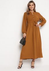 Brązowa Rozkloszowana Sukienka Maxi z Plisowanym Dołem i Wiązanym Paskiem Nollira. Brązowe sukienki Born2be, bez wzorów, eleganckie, bez kołnierzyka, bez ramiączek, maxi, plisowane. W wyprzedaży za 110.49 zł.