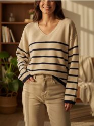 Sweter w paski z dekoltem V - beżowy. Brązowe swetry Sinsay, l, bez wzorów, bez ramiączek. Za 35.99 zł.