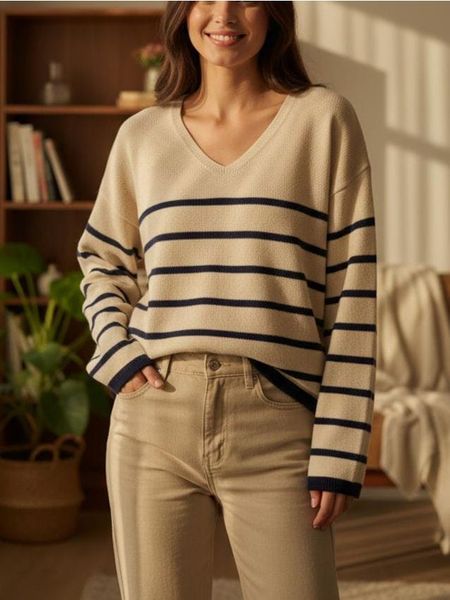 Sweter w paski z dekoltem V - beżowy. Brązowe swetry Sinsay, l, bez wzorów, bez ramiączek. W wyprzedaży za 24.99 zł.