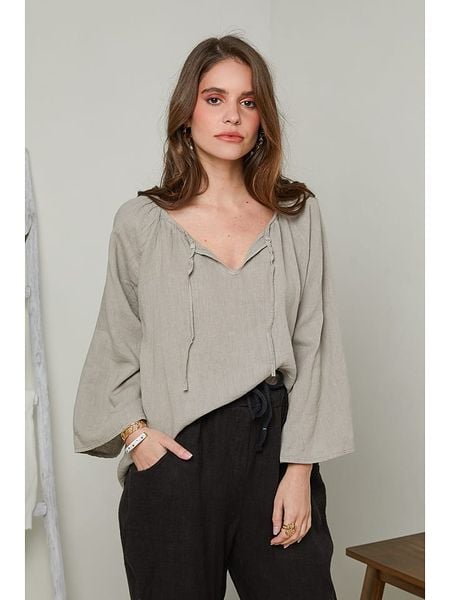 Rodier Lin Lniana bluzka w kolorze szarobrązowym rozmiar: XL/XXL. Brązowe bluzki Rodier Lin, xl, bez wzorów, ze lnu, bez kołnierzyka, bez ramiączek. Za 132.67 zł.