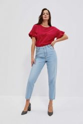 Jeansy mom fit z wysokim stanem błękitne. Niebieskie jeansy MOODO, s, bez wzorów, z bawełny, z podwyższonym stanem. W wyprzedaży za 59.99 zł.