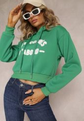 Zielona Dzianinowa Bluza z Nadrukiem i Kapturem Faminese. Zielone bluzy Renee, na zimę, l, bez wzorów, z dzianiny, casualowe, bez ramiączek. W wyprzedaży za 55.99 zł.