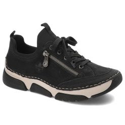 Czarne Półbuty Rieker Wygodne Wsuwane Obuwie Damskie. Czarne półbuty wsuwane Rieker, bez wzorów, z materiału, eleganckie, bez obcasa, na płaskiej podeszwie. Za 305.99 zł.