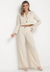 Beżowy Komplet Garniturowy z Krótką Marynarką i Szerokimi Spodniami w Paski Laoisetta. Brązowe marynarki i żakiety Born2be, l, bez wzorów, eleganckie, bez ramiączek. W wyprzedaży za 186.99 zł.