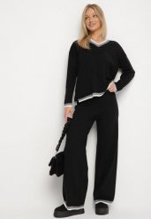 Czarny Dzianinowy Komplet z Ozdobną Lamówką Sweter i Szerokie Spodnie Ralenae. Czarne swetry Born2be, l, bez wzorów, z dzianiny, eleganckie, bez ramiączek. Za 159.99 zł.