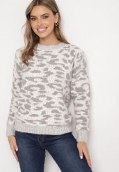 Jasnoszary Sweter z Wełną o Klasycznym Kroju Zdobiony Wzorem w Cętki Zinarisa. Szare swetry Born2be, na zimę, l, z aplikacjami, z wełny, klasyczne, bez ramiączek. W wyprzedaży za 59.49 zł.