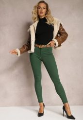 Ciemnozielone Jeansy Skinny z Paskiem z Klamerką Pisanne. Zielone jeansy Renee, xs, bez wzorów, z jeansu, klasyczne. W wyprzedaży za 67.99 zł.