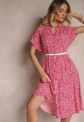Fuksjowa Koszulowa Sukienka z Bawełny w Kwiaty o Rozkloszowanym Fasonie Sarilon. Czerwone sukienki Renee, na co dzień, l, bez wzorów, z bawełny, eleganckie, bez kołnierzyka, bez ramiączek, midi, koszulowe. W wyprzedaży za 47.99 zł.