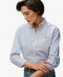 Superdry Damska koszula Oxford slim z długim rękawem – AZURE BLUE STRIPE OXFORD. Niebieskie koszule Superdry, bez wzorów, z bawełny, bez kołnierzyka, bez ramiączek. Za 313.80 zł.