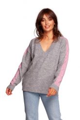 Sweter w Serek z Lampasami - Szary. Szare swetry MOE, l, bez wzorów, z materiału, bez ramiączek. Za 176.26 zł.