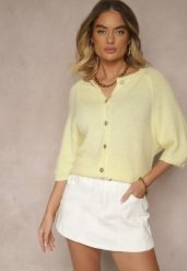 Żółty Kardigan z Rękawem 3/4 z Dodatkiem Wełny Iffarisse. Żółte swetry Renee, bez wzorów, z jeansu, eleganckie, bez ramiączek. W wyprzedaży za 143.99 zł.