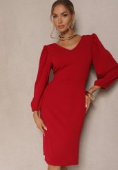 Bordowa Sukienka o Dopasowanym Kroju z Lekko Bufiastymi Rękawami Zinnashira. Czerwone sukienki Renee, l, z aplikacjami, eleganckie, bez kołnierzyka, bez ramiączek, midi, dopasowane. W wyprzedaży za 67.99 zł.