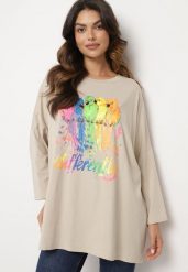 Beżowa Bluzka Oversize z Bawełny z Kolorowym Nadrukiem i Brokatem Tailine. Brązowe bluzki Born2be, bez wzorów, z bawełny, bez kołnierzyka, bez ramiączek. W wyprzedaży za 72.24 zł.
