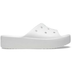 Klapki plażowe damskie Crocs Classic Platform Slide. Białe klapki Crocs, bez wzorów, sportowe, bez obcasa, bez zapięcia. Za 146.99 zł.