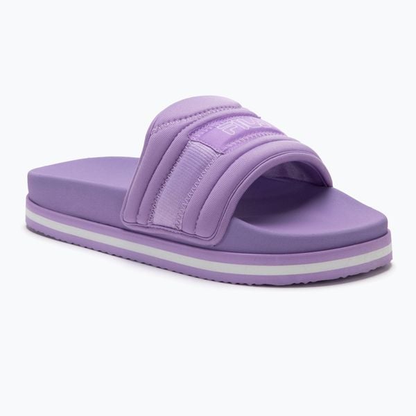 Klapki damskie FILA Morro Bay Zeppa Lounge. Fioletowe klapki Fila, bez wzorów, z materiału, eleganckie, bez obcasa, bez zapięcia. Za 119.99 zł.