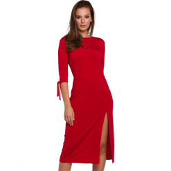 Dopasowana sukienka z rozcięciem czerwona. Czerwone sukienki Sukienki.shop, na randkę, m, bez wzorów, wizytowe, bez kołnierzyka, bez ramiączek, dopasowane. Za 189.00 zł.