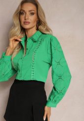 Zielona Koszula w Stylu Boho z Ozdobnym Haftem Anvia. Zielone koszule Renee, l, bez wzorów, boho, bez kołnierzyka, bez ramiączek. W wyprzedaży za 63.99 zł.