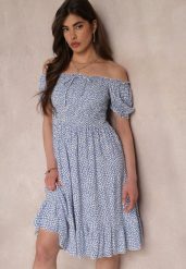 Niebieska Sukienka Midi o Fasonie Bawełnianej Hiszpanki Nairo. Niebieskie sukienki Renee, na spotkanie biznesowe, l, bez wzorów, z bawełny, eleganckie, bez kołnierzyka, bez ramiączek, midi. W wyprzedaży za 34.99 zł.