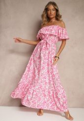 Różowa Kwiatowa Sukienka Typu Hiszpanka z Bawełną Tiarice. Czerwone sukienki Renee, na co dzień, l, bez wzorów, z bawełny, eleganckie, bez kołnierzyka, bez ramiączek, maxi, proste. W wyprzedaży za 63.99 zł.