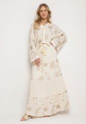 Beżowy Komplet z Wiskozy w Stylu Boho Koszula Nietoperz i Spódnica Sepalisse. Brązowe koszule Born2be, l, bez wzorów, z wiskozy, boho, bez kołnierzyka, bez ramiączek. Za 249.99 zł.
