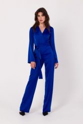 Satynowy Kombinezon z Kopertowym Dekoltem - Szafirowy. Niebieskie kombinezony MOE, l, bez wzorów, z elastanu, eleganckie, bez kołnierzyka, bez ramiączek. Za 374.90 zł.