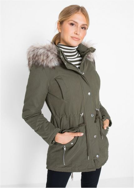 Parka ocieplana na podszewce. Czarne płaszcze bonprix, bez wzorów, z kapturem. Za 309.99 zł.