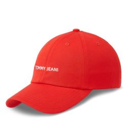 Czapka z daszkiem Tommy Jeans. Czerwone czapki z daszkiem Tommy Jeans, bez wzorów, z jeansu. Za 79.99 zł.
