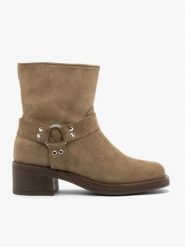 Oliwkowe botki biker boots. Zielone botki Brawo sp. z o.o., bez wzorów, z jeansu, eleganckie, za kostkę, bez obcasa, na obcasie, bez zapięcia. Za 499.99 zł.