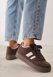 Brązowe Sneakersy Basic z Paskami na Boku Adila. Brązowe buty sportowe lifestyle Renee, bez wzorów, z jeansu, klasyczne, bez zapięcia. Za 99.99 zł.