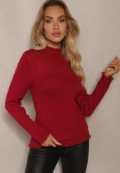 Bordowy Sweter z Wełną przy Dekolcie Ozdobiony Falbanką Seatoria. Czerwone swetry Renee, z aplikacjami, z jeansu, casualowe, bez ramiączek. W wyprzedaży za 71.99 zł.