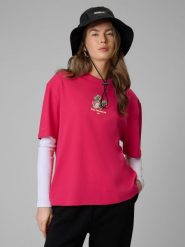 4F T-shirt loose z nadrukiem damski - różowy L. Czerwone t-shirty 4f, l, bez wzorów, z bawełny, bez kołnierzyka, bez ramiączek. W wyprzedaży za 39.99 zł.